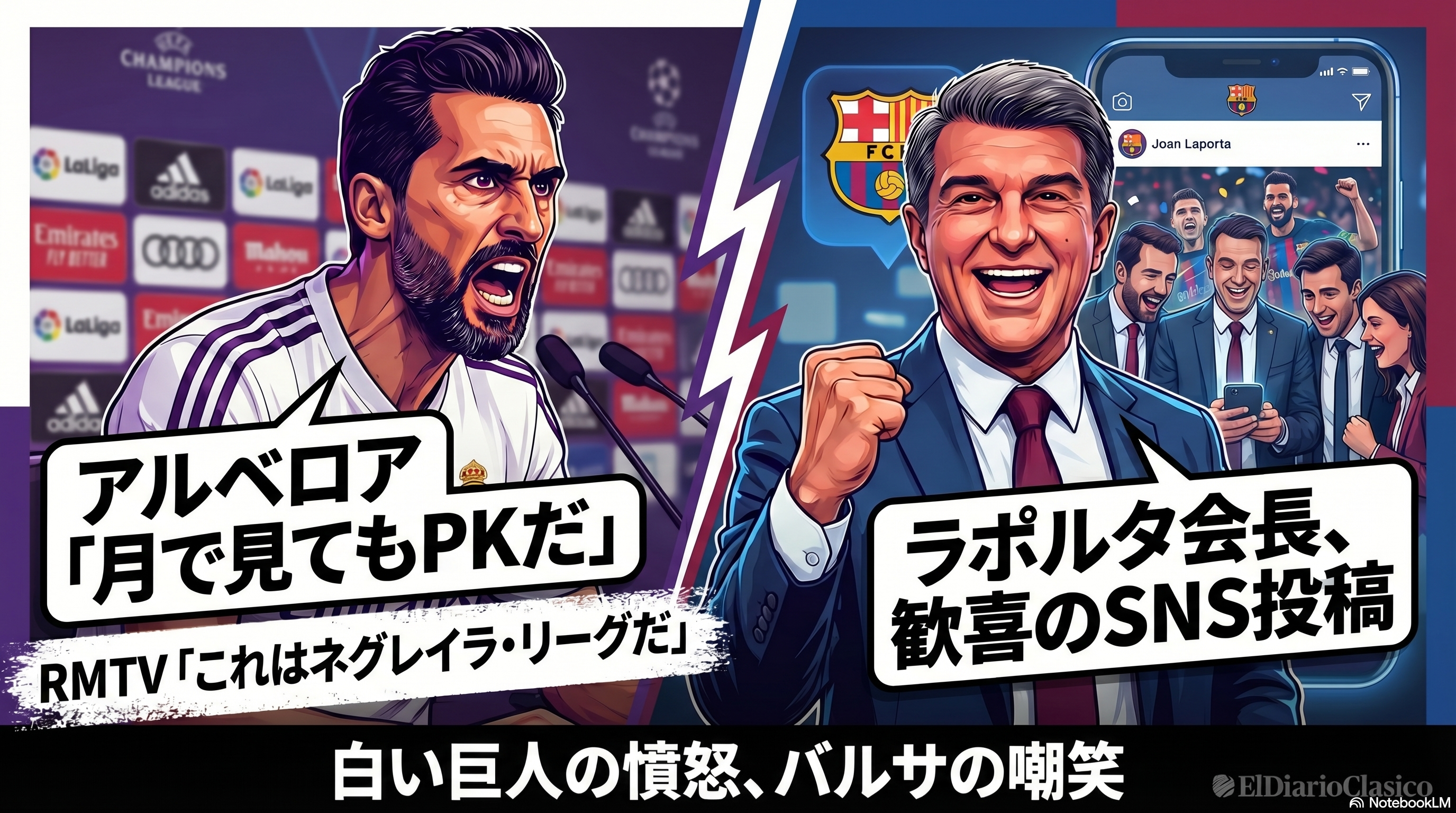 レアル・マドリードの引き分けをバルサ会長と腹心がSNSで祝福 | ピッチ外ニュース (2026-04-11 朝) のサムネイル画像