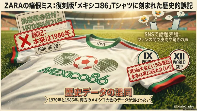ZARAのW杯レトロTシャツ、メキシコ86版で痛恨のデザインミス | ピッチ外ニュース （2026-04-08 夕） のサムネイル画像