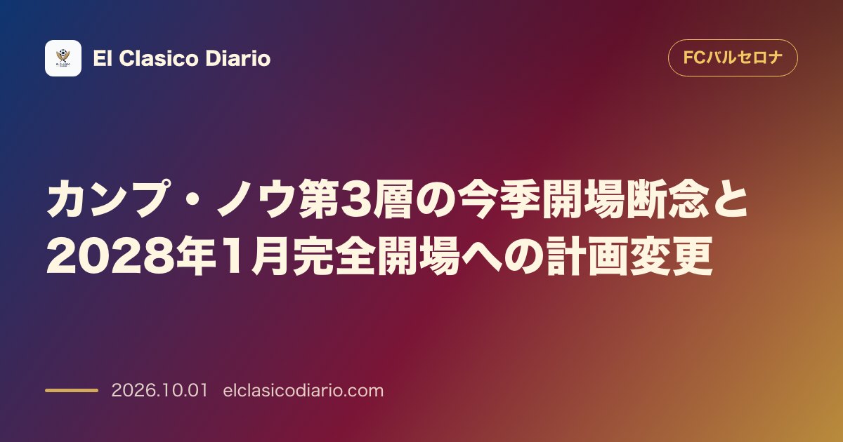 カンプ・ノウ第3層の今季開場断念と2028年1月完全開場への計画変更 今季中の第3層開放を市役所ライセンス問題で断念し2028年1月完全開場へ変… のサムネイル画像