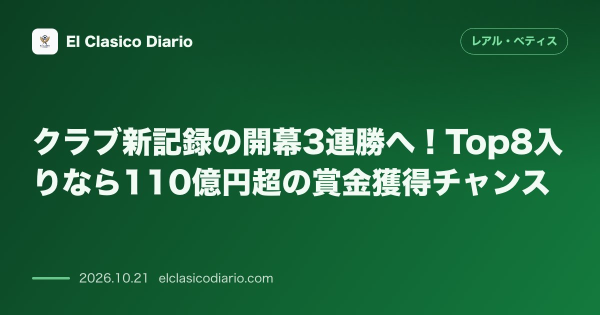 レアル・ベティスのニュース「クラブ新記録の開幕3連勝へ！Top8入りなら110億円超の賞金獲得チャンス」のアイキャッチ画像